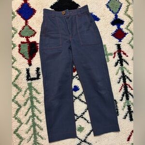 Beaton Linen Utility Pants in Navy with Red Stitching | 0